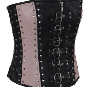 Studded Black & Pink Leather Corset Front Zip